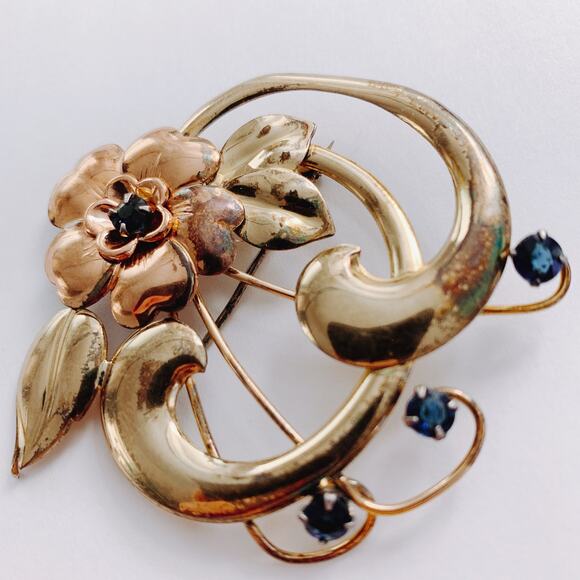 VTG Signed Harry Iskin Mid Century Gold Filled Floral Brooch Blue Rhinestone 40s - Picture 3 of 15